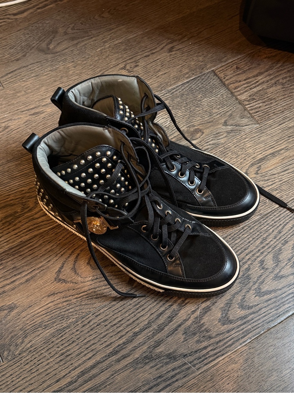 Versace Medusa High Top Sneakers Black Leather Suede Studded EU 41.5